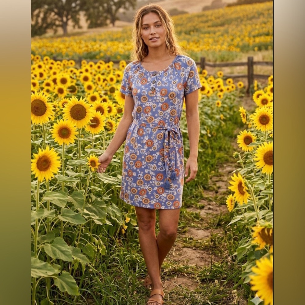 J. Jill Sunflower Knit Henley Dress Blue Orange Floral Tie Waist Tassels Medium